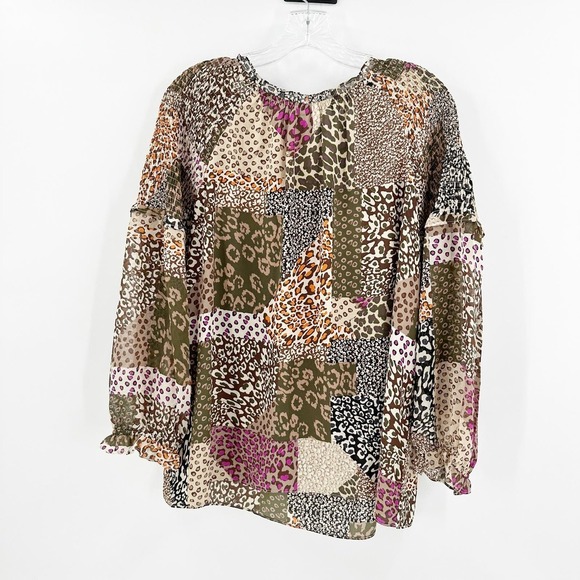 Est. 1946 Brown Leopard Patchwork Smocked Shoulder Long Sleeve Boho Top Size XL - Picture 2 of 8
